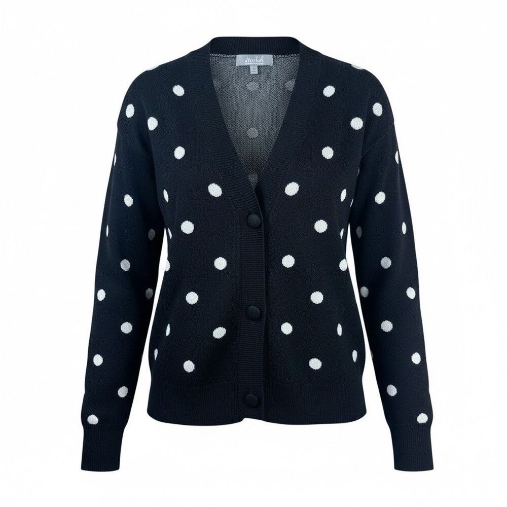 Marled Black White Polka Dot Cardigan Sweater Button Front Preppy Small